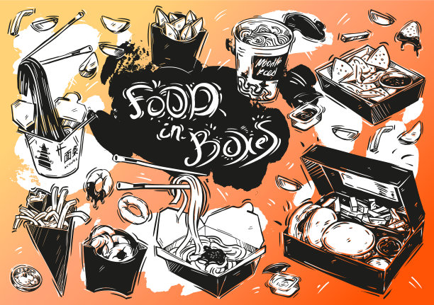 将手绘的食物放在隔离的盒子里图片下载