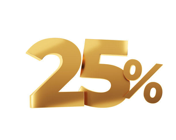金色的百分之二十五在白色的背景。3 d渲染。图片下载