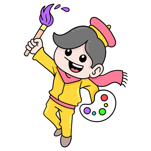 艺术家男孩拿着毛笔和墨水准备作画，矢量插图艺术。涂鸦图标形象卡哇伊。图片下载