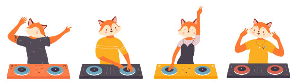 动物疯狂的dj集，狐狸人物对音乐有趣的派对迪斯科，站在转盘图片下载