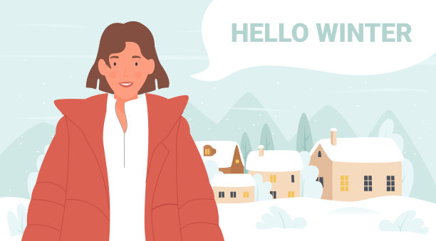 女孩说你好冬天，贺卡上有年轻女子的角色穿着暖和的衣服站着图片下载