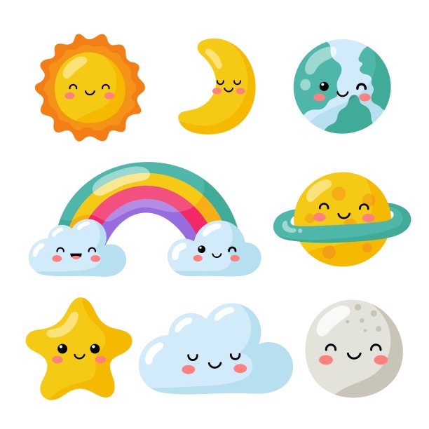一组可爱的星星，月亮，太阳，彩虹和云彩孤立在白色的背景上。宝宝颜色柔和可爱。矢量插图。图片下载