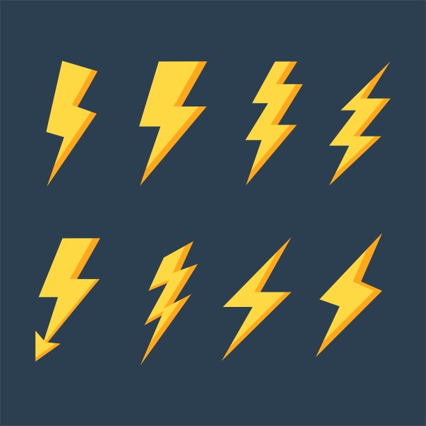 闪电闪电图标设置。电力。黄色雷声孤立在蓝色背景上。矢量插图。图片下载