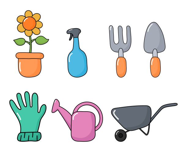 一套可爱有趣的花园工具图标卡哇伊风格图标孤立在白色背景。说明向量。图片下载