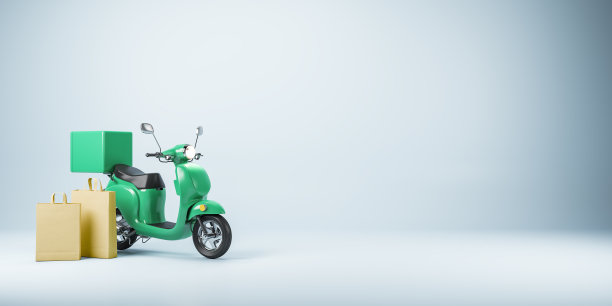 抽象踏板车和纸购物袋在浅色背景与模型的地方。配送服务和运输理念。3 d渲染。图片下载