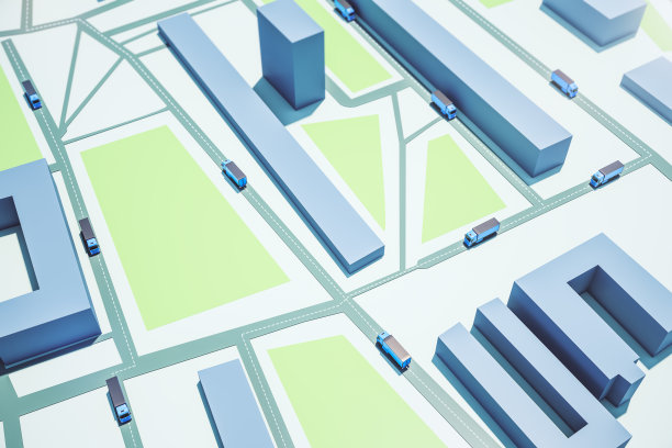 基于蓝色卡车的三维渲染路线。交货和货物概念。图片下载