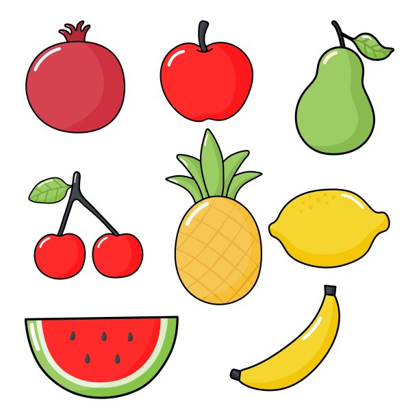 套热带水果卡通风格。孤立在白色背景上。矢量插图。图片下载