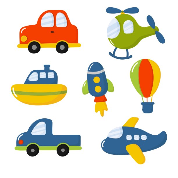 卡通运输玩具图标集。汽车，船，直升机，火箭，气球和飞机被隔离在白色的背景上。说明向量。图片下载