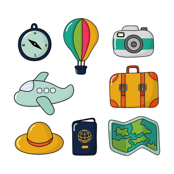 旅行图标设置孤立的白色背景。说明向量。图片下载