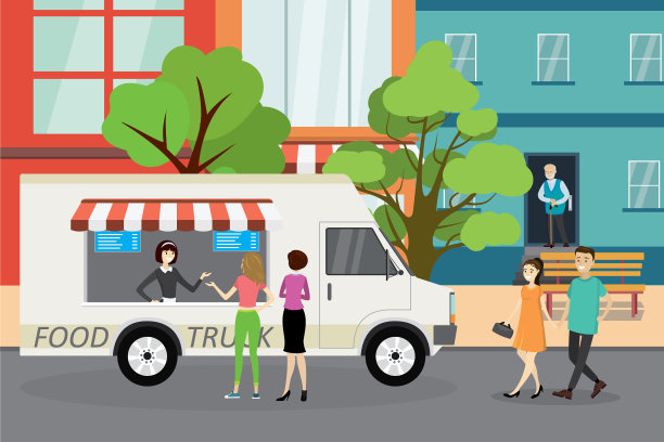 餐车在城市的街道上，行人在行走图片下载