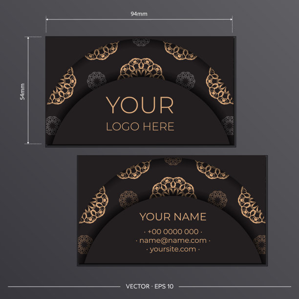 矢量打印准备的黑色名片设计与复古的模式。豪华装饰的名片模板。图片下载