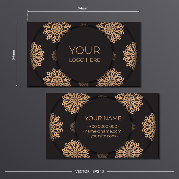 向量黑色名片设计与古老的模式。带有装饰的名片模板。图片下载