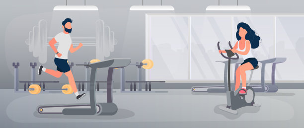 男孩和女孩在健身房订婚了。一个男人在跑道上跑步。一个女人正在骑一辆固定自行车。向量图片下载