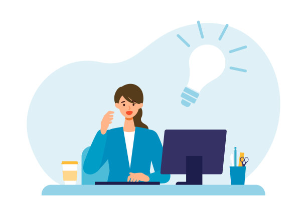 思考女商人和灯泡的标志。解决问题的概念。图片下载