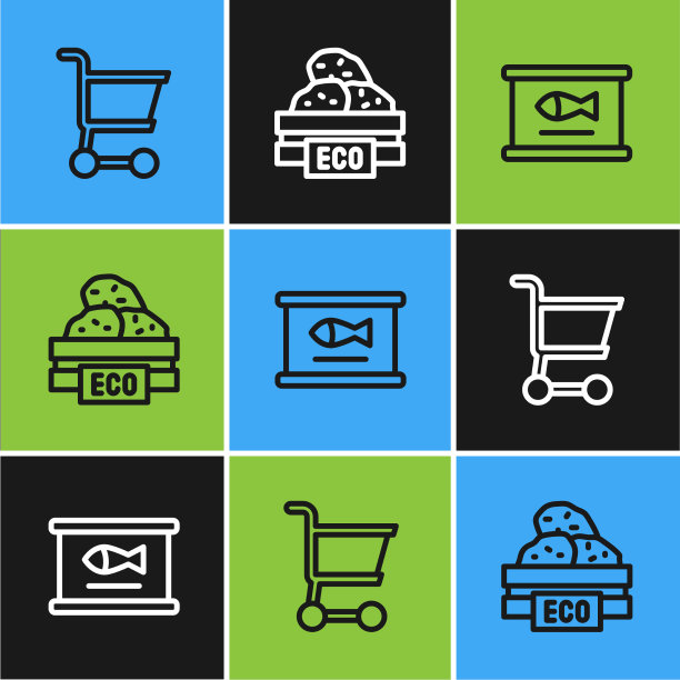 集线购物车鱼罐头和木盒图片下载