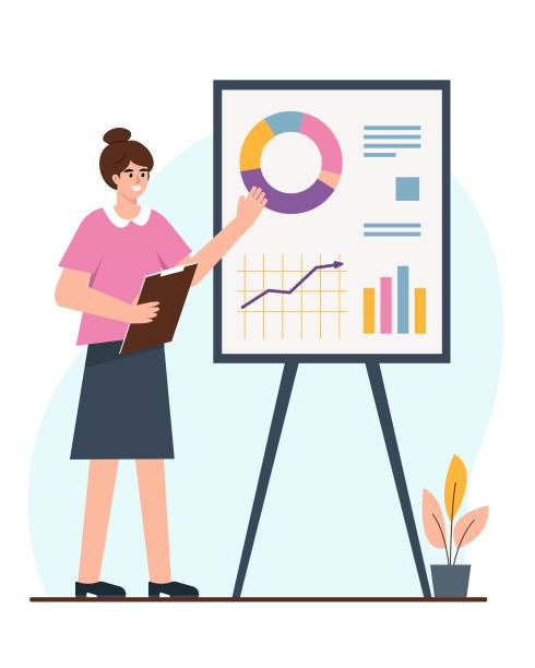 女商人或学生与图表在演示屏幕上。图片下载