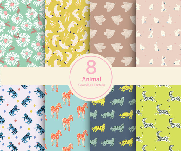 媒介动物主题插画8种重复图案集合集猫，兔子，鸟，斑马，老虎厨房和家居装饰打印时尚织物纺织数码艺术品模板图片下载