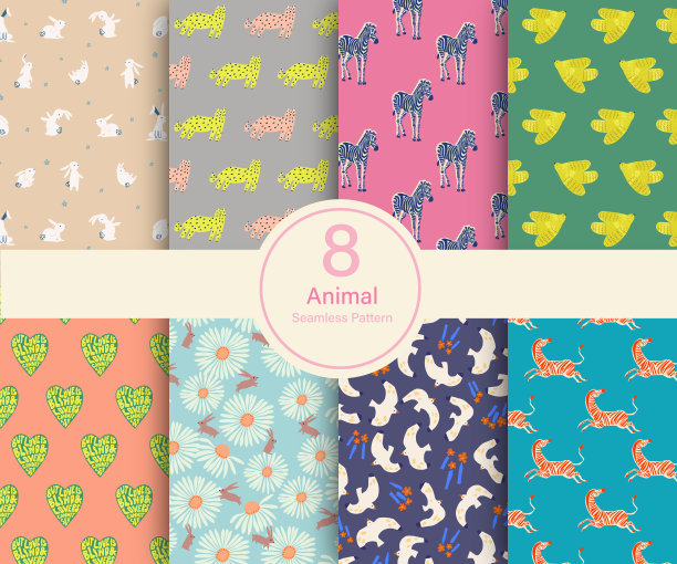 媒介动物主题插画8种重复图案集合集猫，兔子，鸟，斑马，老虎厨房和家居装饰打印时尚织物纺织数码艺术品模板图片下载