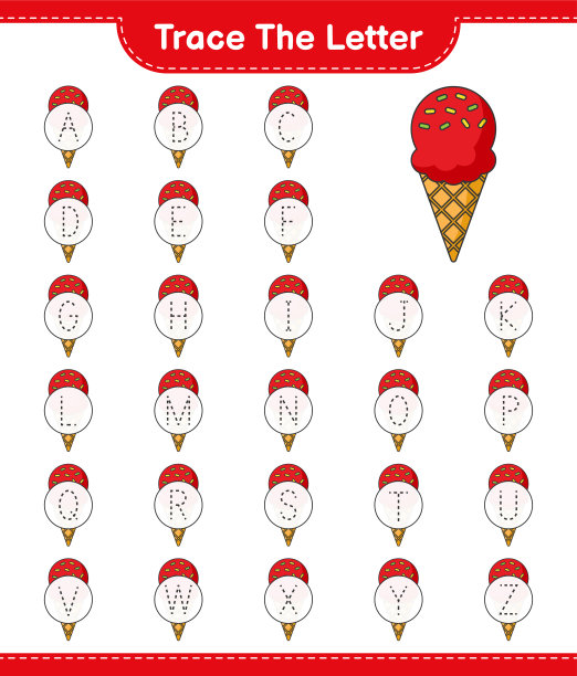 跟踪信。用冰淇淋描摹信件。教育儿童游戏，可打印的工作表，矢量插图图片下载