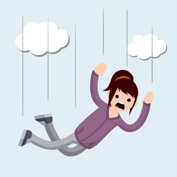 卡通平面插图-尖叫的女人从高处坠落。年轻的女孩。云层中飞行。恐高症——恐高症。图片下载