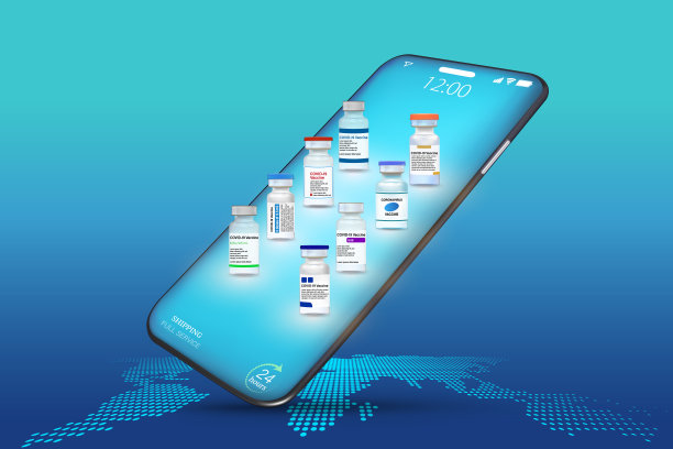 新型冠状病毒疫苗移动应用，网站或智能手机上的新型冠状病毒疫苗作为保护，医疗保健概念，矢量插图。图片下载