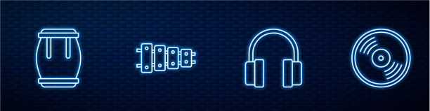 设置线耳机，鼓，木琴和乙烯基图片下载