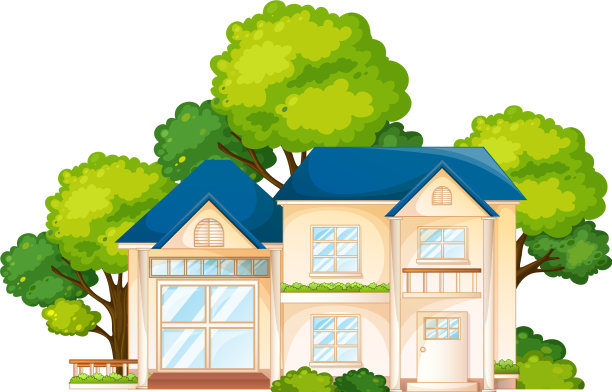 前面有一座房子，许多树孤立在白色上图片下载