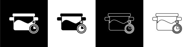 设置烹饪锅图标孤立在黑色和白色图片下载