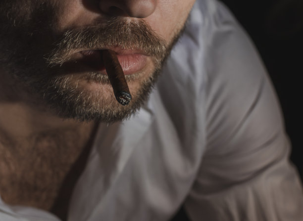 一个成年男子抽着一支小雪茄，拍摄了一张人脸的特写照片，以及抽雪茄的过程。图片下载