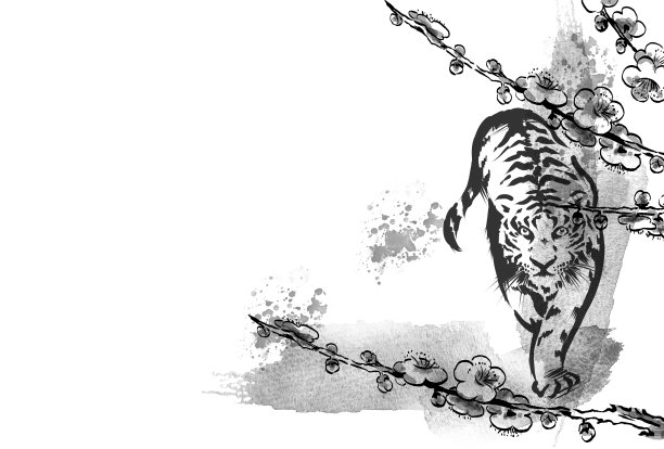 老虎梅花线描图片下载