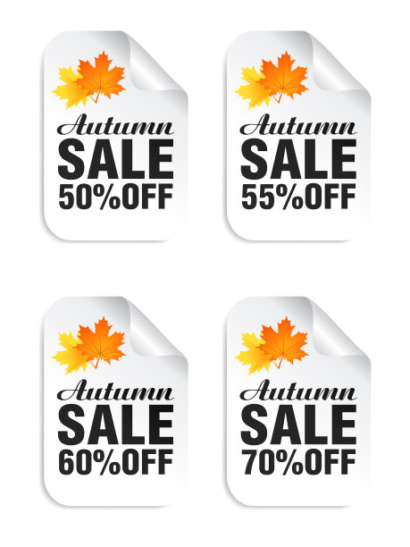 秋天出售白色贴纸与秋天的叶子设置。秋季大减价，五折，五折，六折，七折图片下载