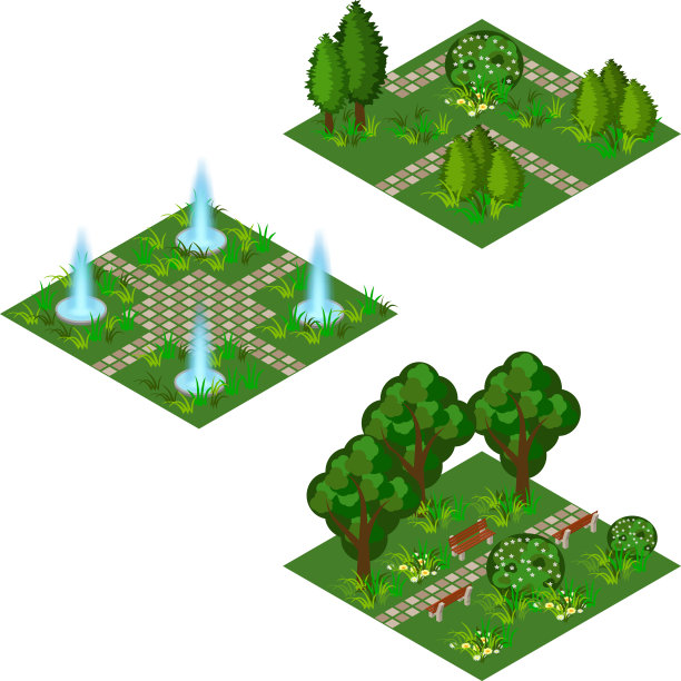 花园等距设置，为游戏资产或卡通背景创建花园景观场景图片下载