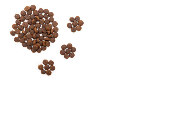为狗和猫准备的干粮，形状为脚印，孤立在白色背景上。猫和狗的食物。图片下载