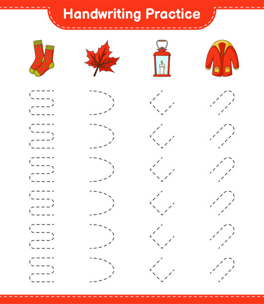书法练习。画灯笼，袜子，保暖衣服，枫叶。教育儿童游戏，可打印的工作表，矢量插图图片下载