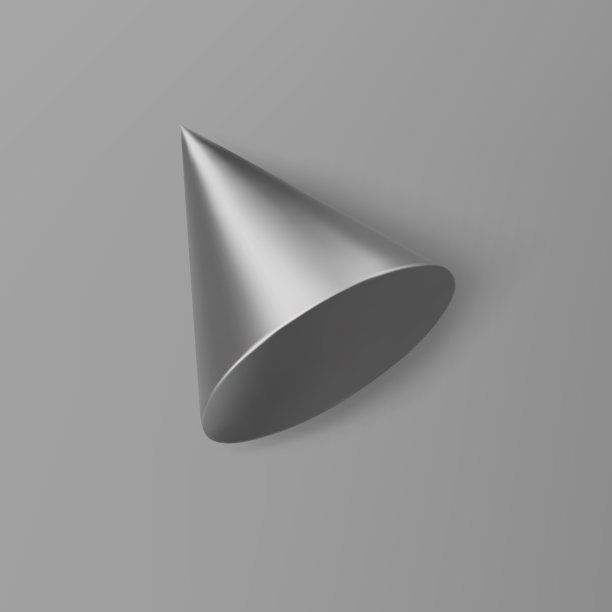 三维渲染银色几何形状圆锥与阴影隔离在灰色背景。金属光泽逼真原始。抽象的装饰矢量图形为时尚的设计图片下载