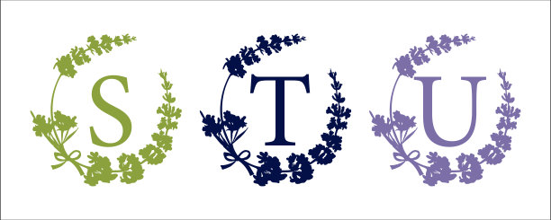 S T U字母。设置现代手绘剪影素描插图。带有字母组合的薰衣草花圈。这是婚礼装饰的好主意。复古向量印刷标志，标志，标签设计。图片下载