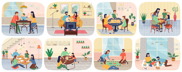 快乐的人们，大人和小孩坐在桌旁图片下载