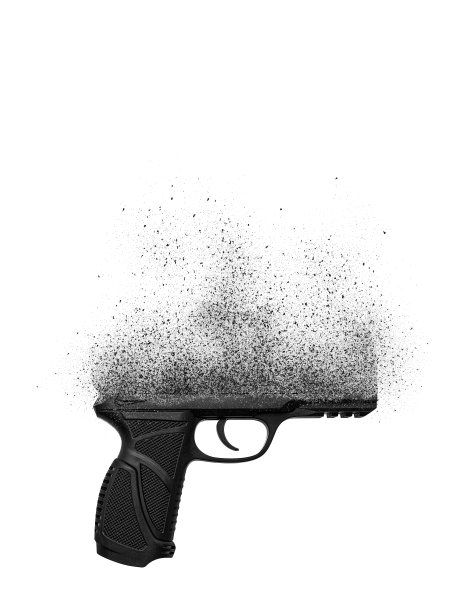 在白色背景下，枪在太空中破碎成颗粒。没有武器了，概念。白色背景上的手枪图片下载