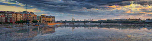 圣彼得堡Liteyny Bridge和Peter and Paul Fortress的大型全景图图片下载