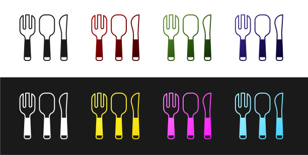 将叉、匙、刀的图标隔离在黑色上图片下载