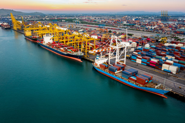 集装箱船舶和海运港口货物物流货物装卸起重机货代业进出口国际，商业服务的货物运输的海洋水域亚太和欧洲的照片鸟瞰图图片下载
