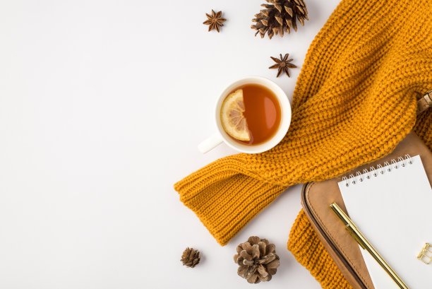 顶部视图照片的橙色套头衫杯茶与柠檬金笔copybook皮包和松果孤立的白色背景与copyspace图片下载