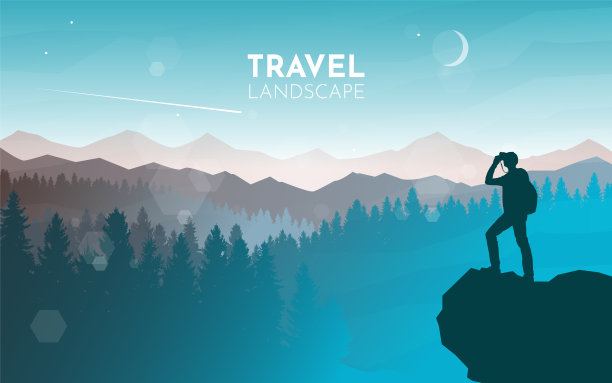 男人手表。旅行上。发现、探索和观察自然的旅游理念。徒步旅游。冒险。极简主义的图形传单。多边形平面设计。矢量插图。图片下载