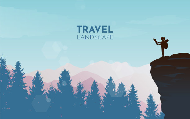 山顶上的女孩在看地图。发现、探索和观察自然的旅游理念。徒步旅游。冒险。极简主义的图形传单。多边形平面设计。矢量图图片下载