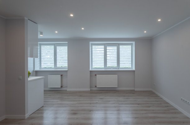 现代室内装修的工作室公寓在斯堪的纳维亚风格。空荡荡的客厅。白色的墙壁。图片下载