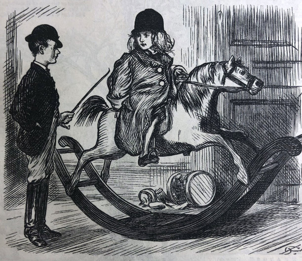 英国讽刺漫画漫画插图-小女孩骑在摇摆的马在骑衣服和男孩在骑衣服在她旁边图片下载