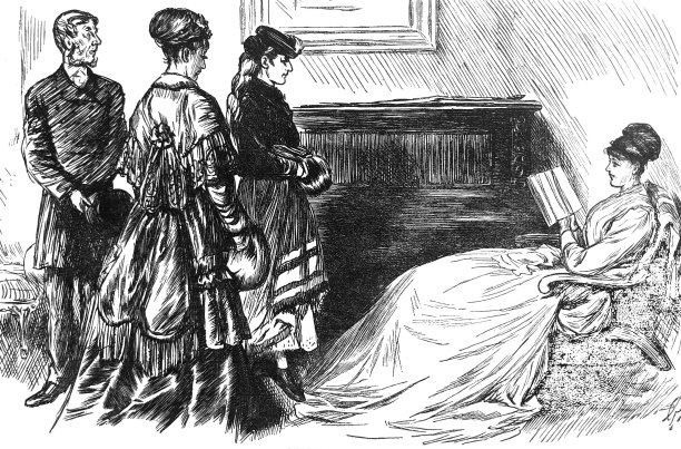 英国讽刺漫画漫画插图——一个女人悠闲地坐在椅子上看书，三个穿着大衣的人站在旁边图片下载