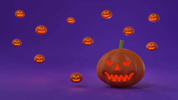 万圣节南瓜灯照亮或杰克o灯笼在紫色背景浮动可爱的南瓜图片下载