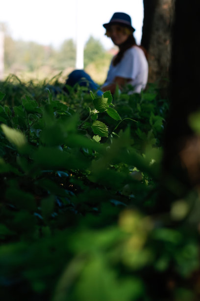 离焦妇女坐在树干上。绿色的自然背景。黑色和黑色。副本的空间。垂直的。的焦点图片下载