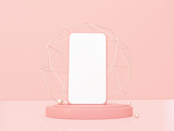 一个豪华电话在领奖台与黄金装饰元素。以浅珊瑚为背景。三维渲染图片下载